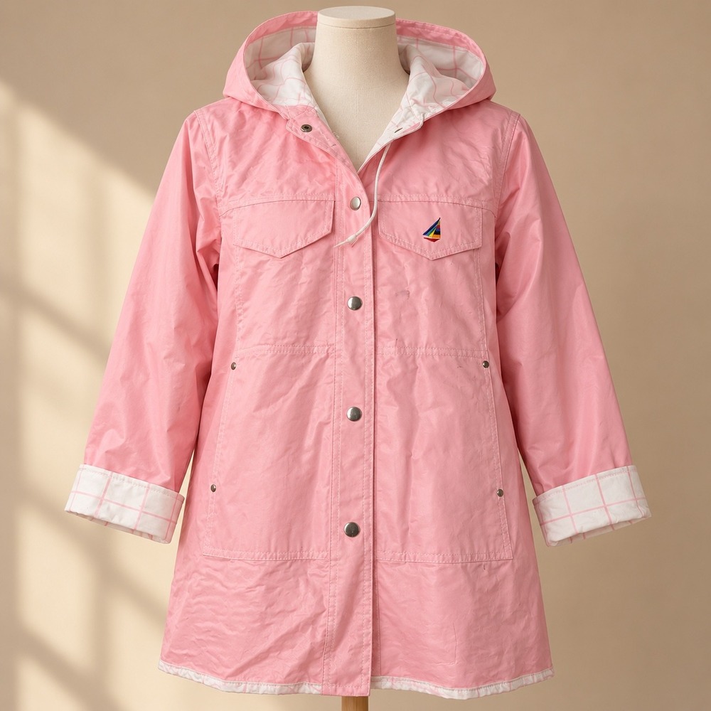 Vintage Misty Harbor Pink Raincoat Any Weather Slicker Hooded Sailboat Logo L
